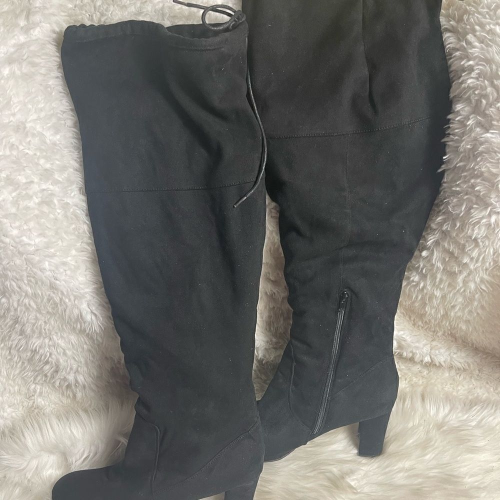 Ashley Stuart Fabric suede Black over the knee wide calf block heels boots SZ12W